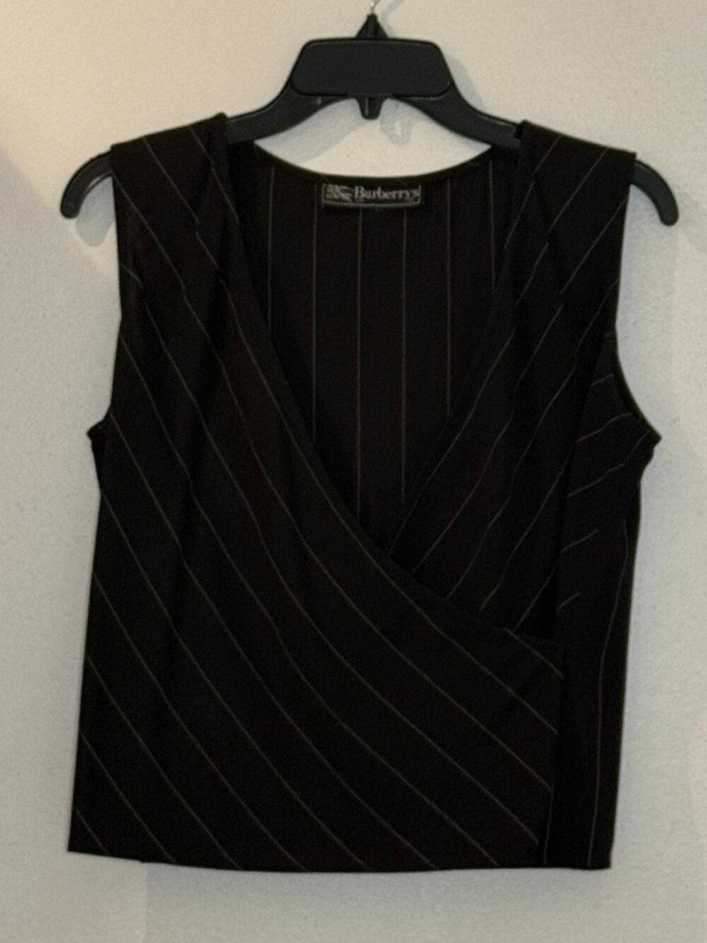 VTG Burberrys of London Virgin Wool Pinstripe Wrap Vest Top Sleeveless Blouse 6
